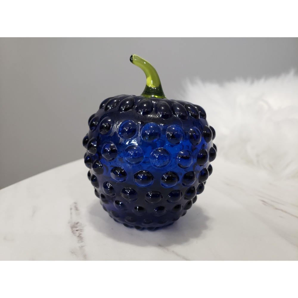 Viking Glass‎ Cobalt Blue Berry Apple Green Stem Bumpy Hobnail Paperweight
